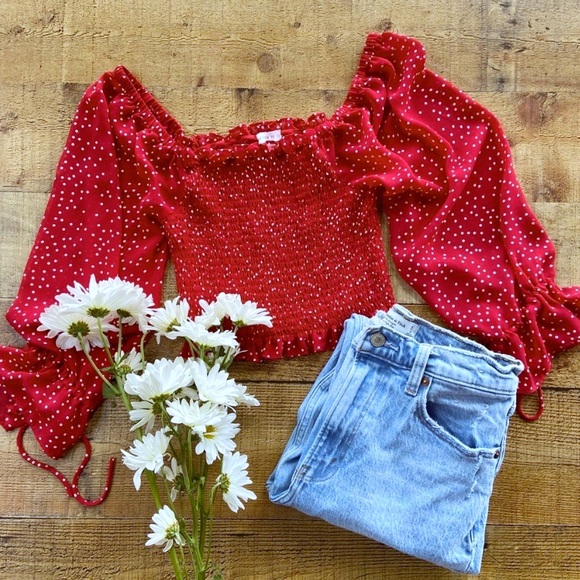 - Tops - ADORABLE Red White Polka Dot Smocked Crop Top